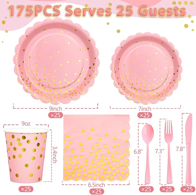 175 Pink Rose Gold Plates Napkins Party Decorations, Plastic Forks Knives - Image 2