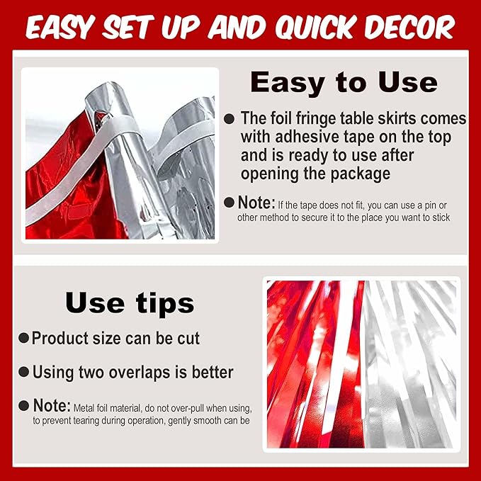 3 Pack 29 x108 Inch Red and Silver Foil Fringe Table Skirts Metallic Banner - Image 2