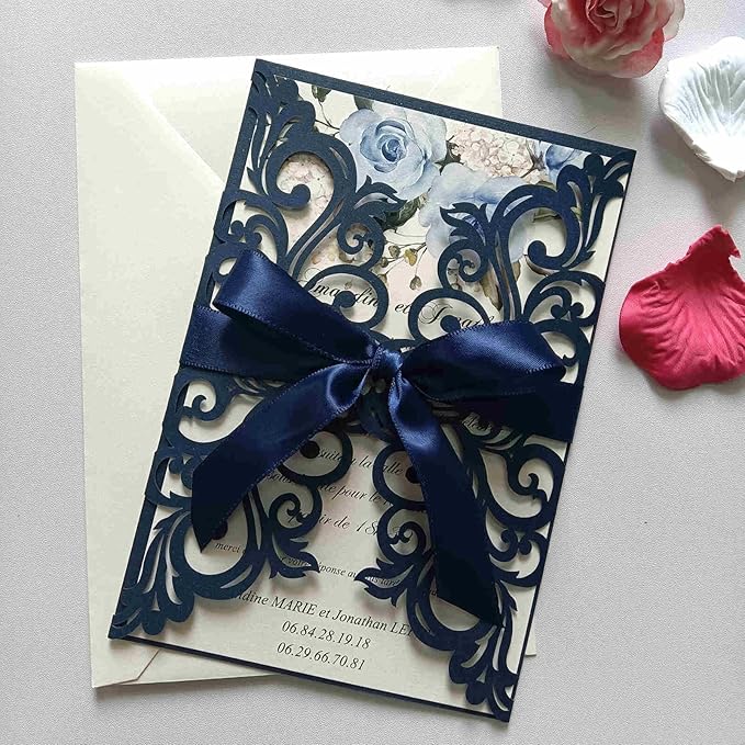 25PCS Pearl Navy Blue Laser Cut Wedding Invitations Cards - Image 3