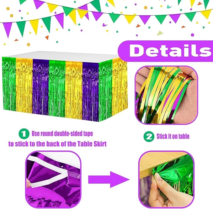 4 Pack 29x108 Inch Mardi Gras Metallic Foil Fringe Tinsel Table Skirts - Image 3
