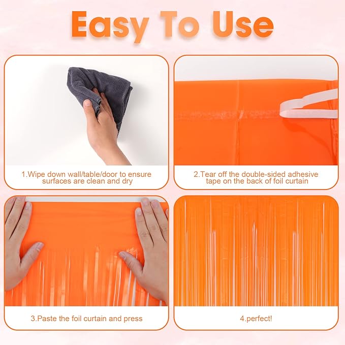 4 Pack Orange Foil Fringe Backdrop Curtains, Tinsel Streamers Birthday Party - Image 4