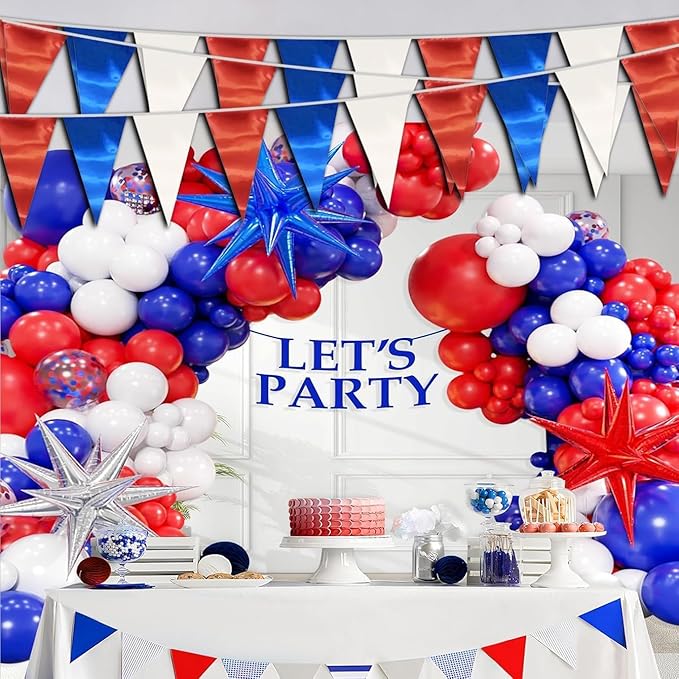 20M/65FT White Blue Red Triangle Pennant Banner Flag Metallic Fabric Bunting - Image 5