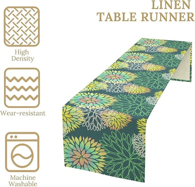 Green Dahlia Flower Table Runner, Linen Geometric Pattern Floral Table Decor - Image 6