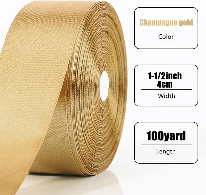 NESCCI 100 Yards Ribbon, 1-1/2 Inch Champagne Gold Satin Ribbon, Single Face - Image 2