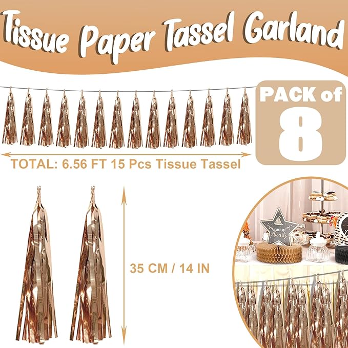 8P Champagne Gold Foil Fringe Metallic Tassel Streamers Banner Tassel Garland - Image 2