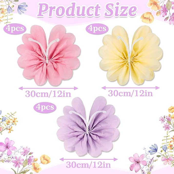 12PCS Butterfly Tissue Paper Pom Poms, 3D Butterfly Birthday Party Decorations - Image 2