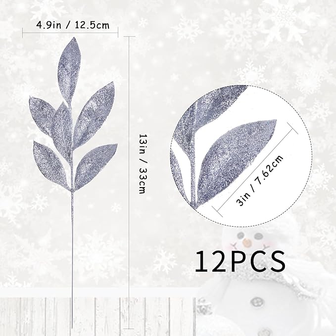GREENTIME 12 Pack Artificial Silver Glitter Leaves 13" Fake Christmas Picks - Image 3