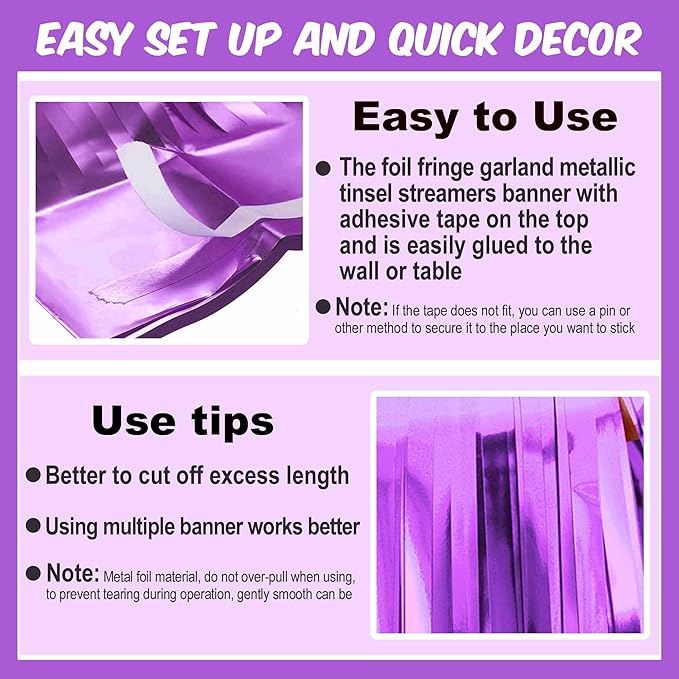 4 Pack 10 Ft Light Purple Foil Fringe Garland Metallic Streamers Tinsel Banner - Image 3