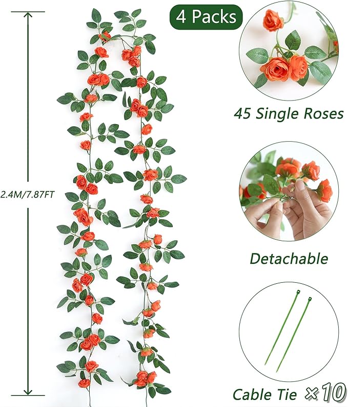 4 Packs Artificial Rose Garland: 31.48Ft Each Fake Flower Vine - Image 2