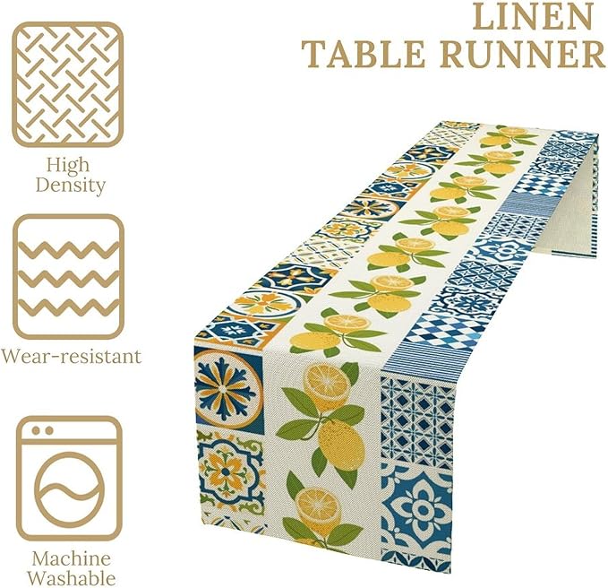 Lemon Table Runner, Watercolor Blue Fruits Green Leaves Print Table Cloth - Image 4