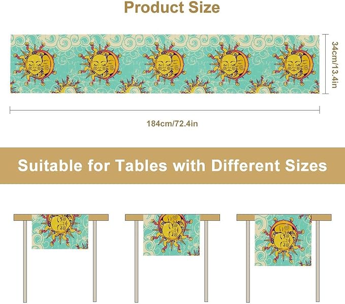 Retro Sun Moon Table Runner, Phase of The Moon Vintage Cloud Table Runner - Image 3