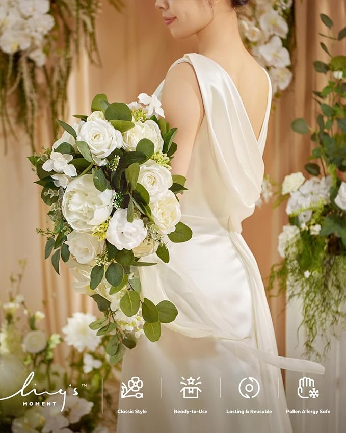 Ling's moment White Bridal Bouquet Cascading, 13 Inch Ivory Bride Bouquets - Image 2