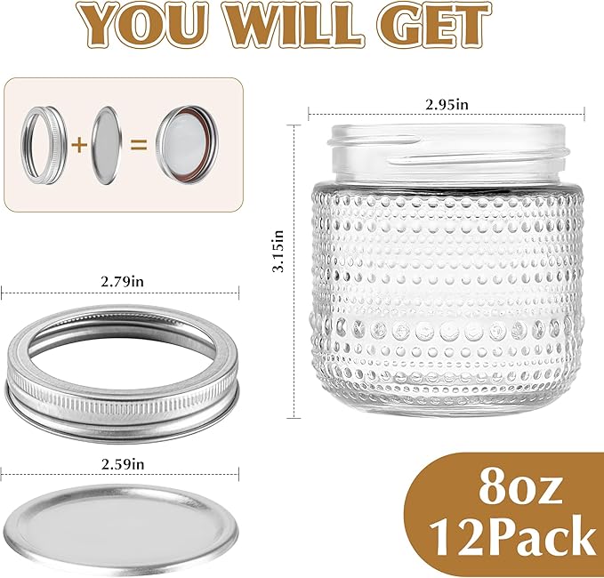 Mason Jars 8 Oz with Lids 12 Packs, Vintage Small Glass Canning Jars with - Image 2