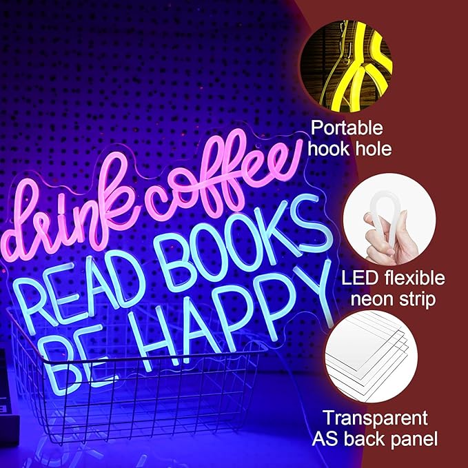 Drink Coffee Read Books Be Happy Neon Sign USB Powered Led Read Books Neon Light - Image 3