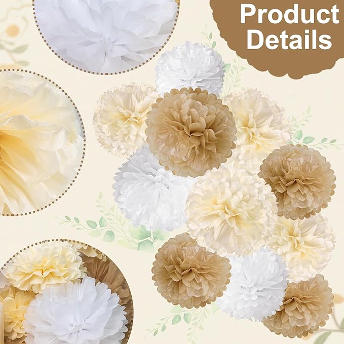 SUNBEAUTY 15 PCS Boho Champagne Pom Poms Tissue Paper Flowers, Wall Hanging - Image 6