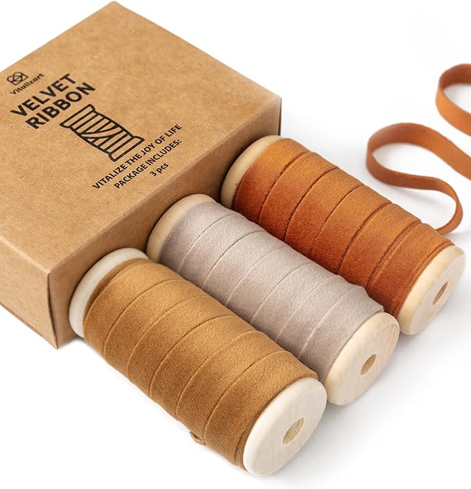 Vitalizart Fall Velvet Ribbon Set 3/8" x 15 Yd Wooden Spool Fabric Trim 3 Rolls by Vitalizart