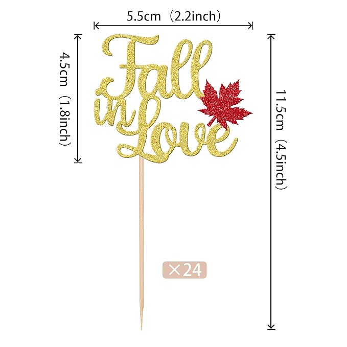 24 PCS Fall in Love Cupcake Toppers Glitter Maple Leaf Fall Theme Bridal Shower - Image 2