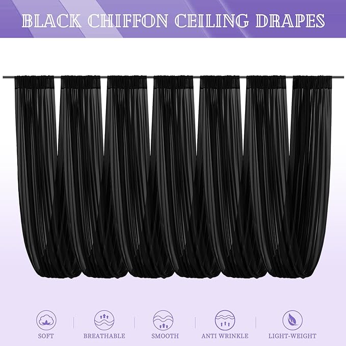 6 Panels Black Ceiling Drapes for Wedding 5ftx10ft Chiffon Fabric Arch Draping - Image 7