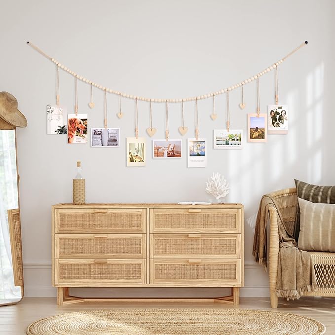 Hanging Photo Display with Clips, 9 Wood Clips, Boho Picture Frames Collage - Image 4