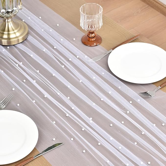 Joanlody Fall Pearl Table Runner 10ft Rustic Boho Tulle Table Runner - Image 4