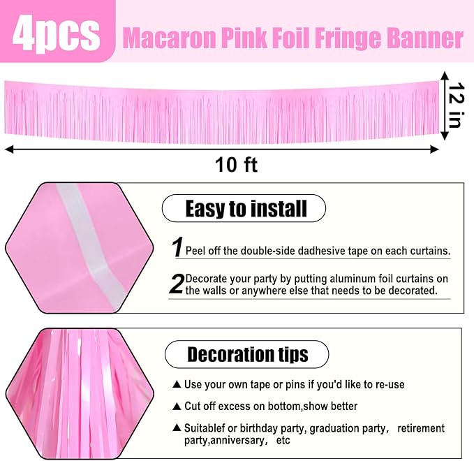 4 Pack 10 Feet Macaron Pink Foil Fringe Garland Metallic Tinsel Streamers - Image 2