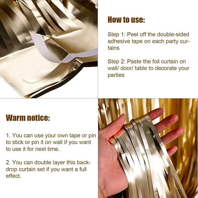 4 Pack Champagne Gold Foil Fringe Curtain Backdrop, 3.28Ft x 8.2Ft Metallic - Image 3