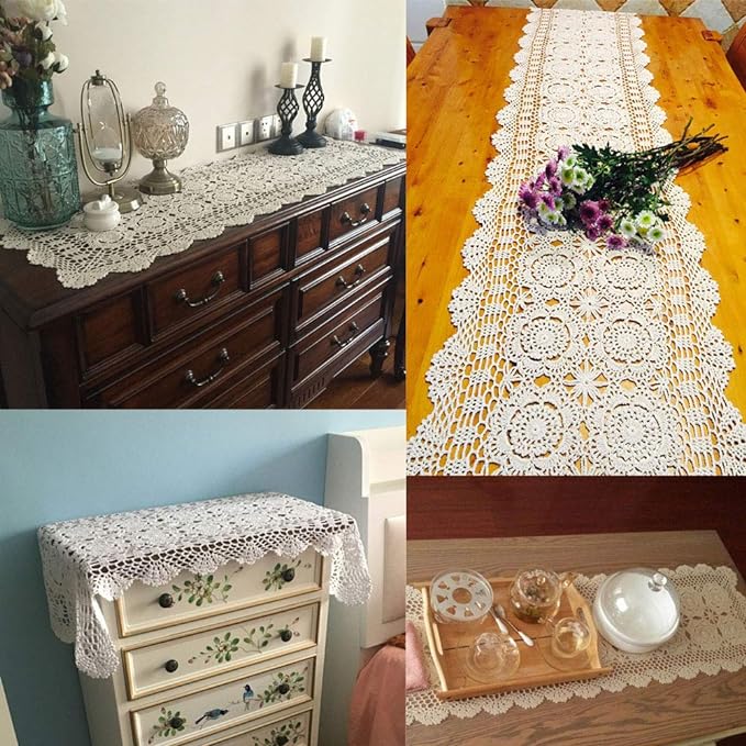 KEPSWET Cotton Handmade Crochet Lace Table Runner Black Rectangle Coffee Table - Image 2
