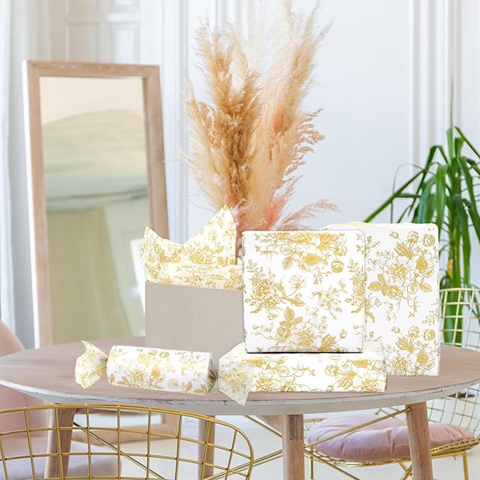JarThenaAMCS 100 Sheets Floral Tissue Paper Gold Flower Gift Wrapping Paper - Image 7