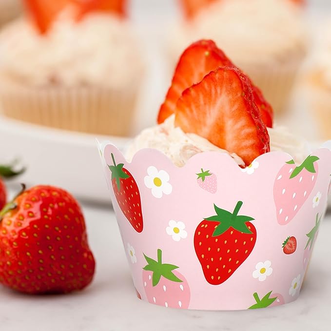 Whaline 36Pcs Strawberry Cupcake Wrappers Red Pink Strawberry Flower Cupcake - Image 3