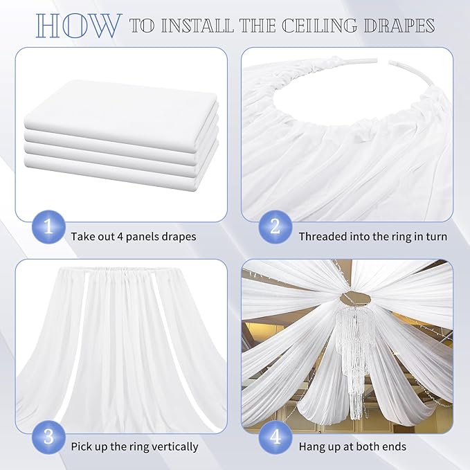 4 Panels White Ceiling Drapes for Wedding 5ftx40ft Chiffon Fabric Arch Draping - Image 4