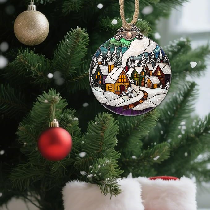 Stained Glass Christmas Decorations, Winter Snow Cabin Suncatcher - Image 2