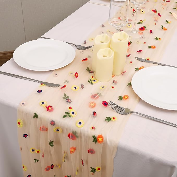 Champagne Floral Table Runner 10 FT, Embroidery Daisy Table Runners Seasonal by Hugestar