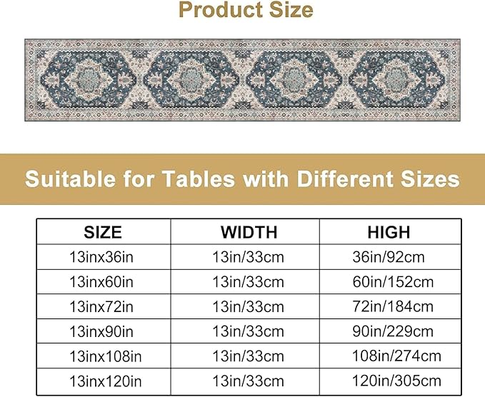 Boho Bohemia Style Table Runner, Vintage Blue Retro Flower Rustic Country Style - Image 2