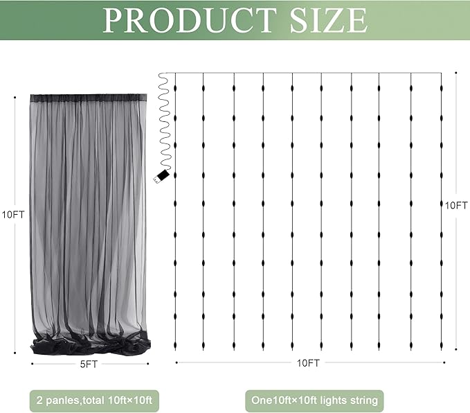 Tulle Backdrop Curtain with Lights String 10FT X 10FT Black Sheer Tulle - Image 2