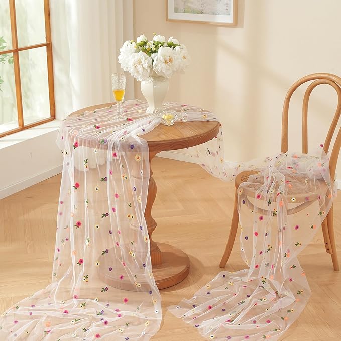 Champagne Embroidery Daisy Fall Table Runner 120Inch 10FT Florals Soft Sheer - Image 2