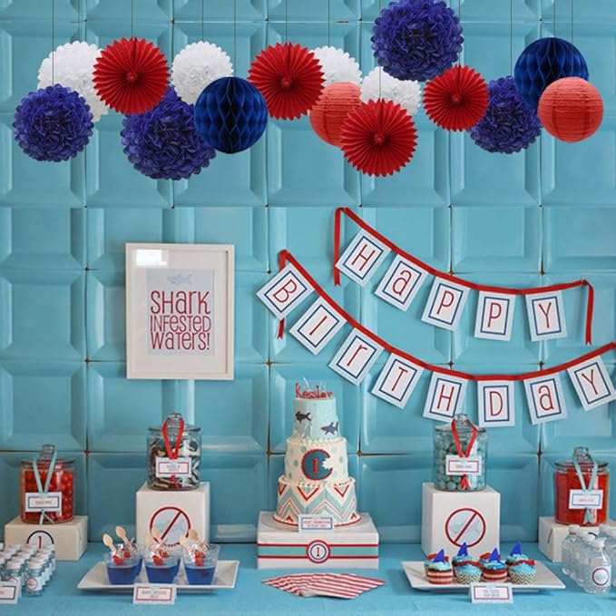 Navy Blue Red White Party Decorations 16pcs Paper Pom Poms Honeycomb Balls - Image 5