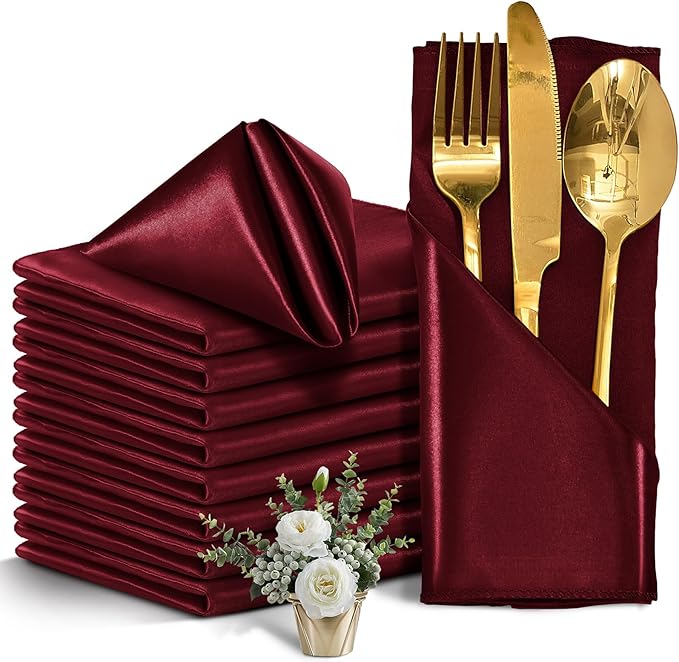12 Pieces Burgundy Satin Napkins, Silky Soft Smooth Washable Napkins by Eychei