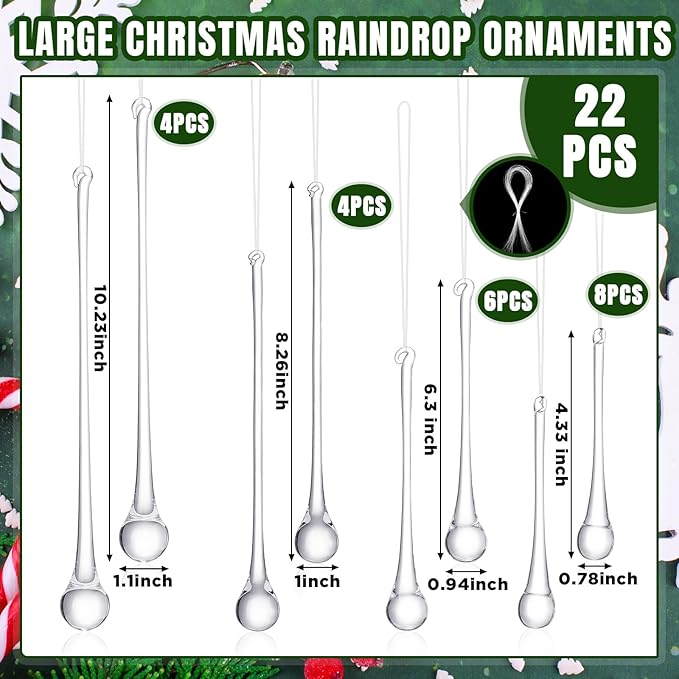 22 Pcs Clear Glass Teardrop Christmas Ornaments Crystal Raindrop Hanging - Image 2