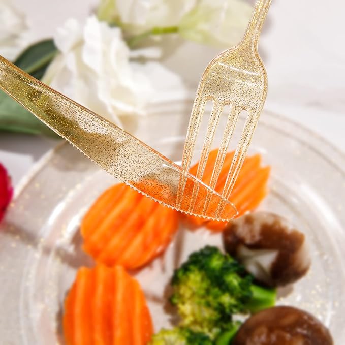 Supernal 300pcs Gold Glitter Plastic Cutlery Disposable Utensils Gold Plastic - Image 6