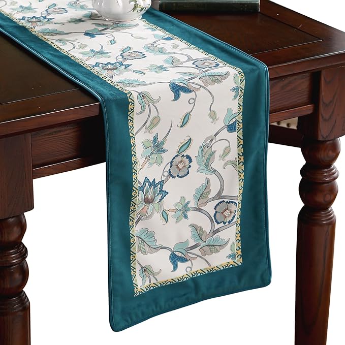 patdrea Designer Elegant French Floral Velvet Table Runner, Teal by Welcometopatdrea