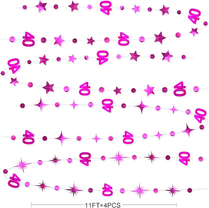 Hot Pink 40th Birthday Decorations Number 40 Circle Dot Twinkle Star Garland - Image 2