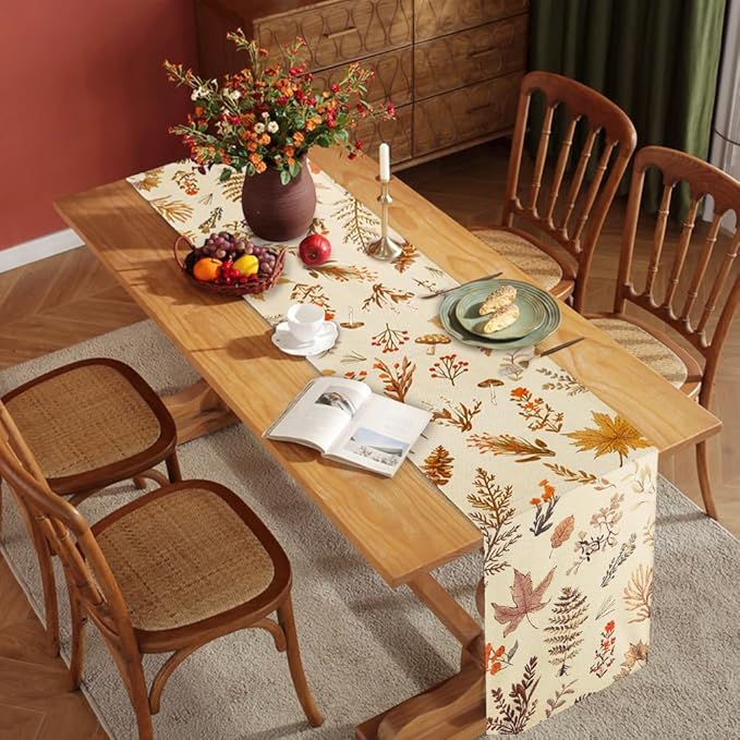 Grey Wildflower Leaves Floral Fall Table Runner, Seasonal Autumn Harvest - Image 7