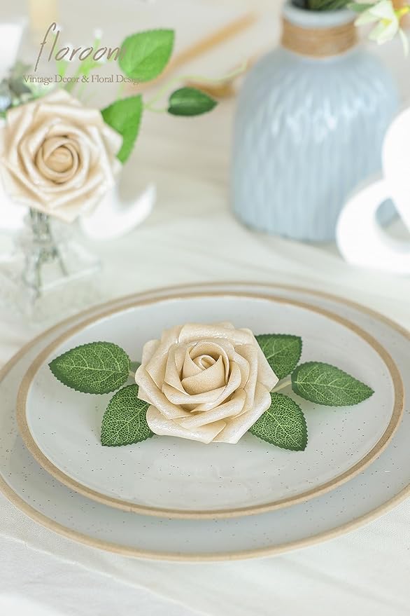 Floroom Artificial Flowers 25pcs Real Looking Champagne Gold Foam Fake Roses - Image 4