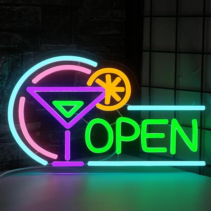 Open Neon Signs for Business, USB Dimmable Cocktails Neon Light for Beer Bar by Radineon