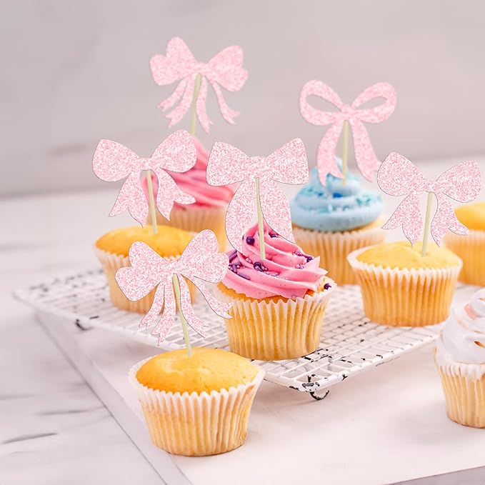 Gyufise 36Pcs Bow Cupcake Toppers Glitter Girls Birthday Decorations Bowknot - Image 4