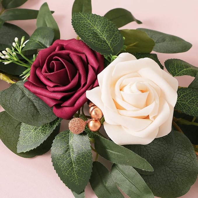 ponatia 6.5FT Handcrafted Artificial Rose Flower Garland, Eucalyptus Greenery - Image 3
