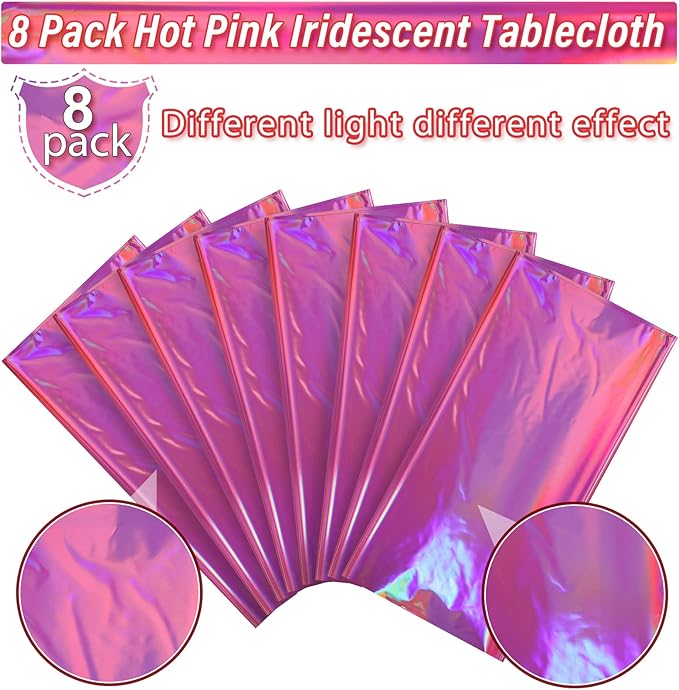 8 Pack Hot Pink Iridescence Plastic Tablecloths Shiny Disposable Laser - Image 4