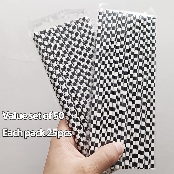 50 Pcs Checkered Flag Paper Straws Racing Car Straws Black and White Checkered - Image 4