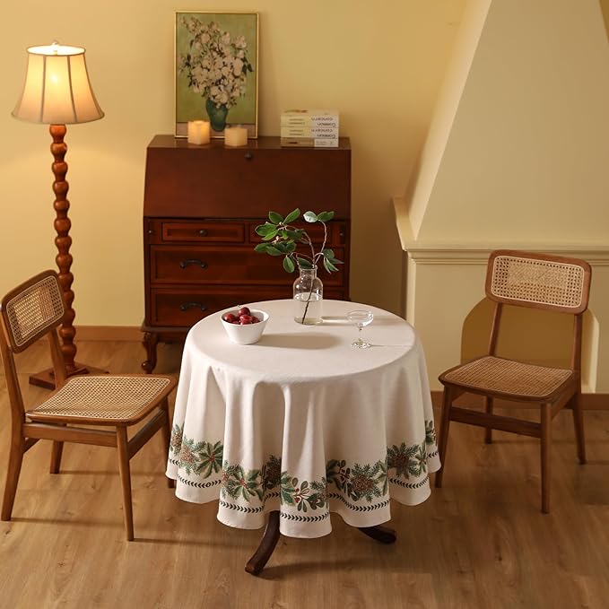 ISAENNE Designer Christmas Linen Small Round Tablecloth, Light Beige Western - Image 5