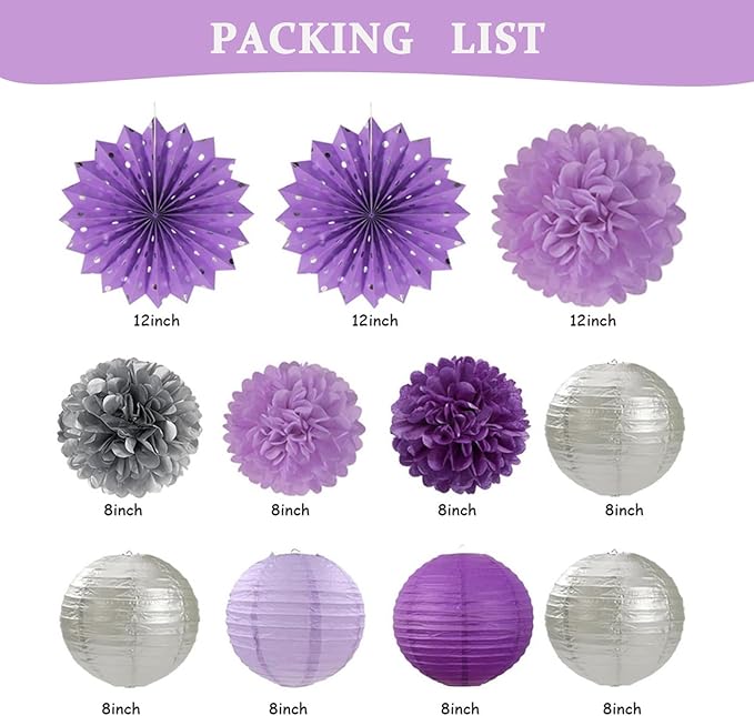 Purple and Silver Party Decorations-21PCS Happy Banner, Paper Lanterns Streamers - Image 6